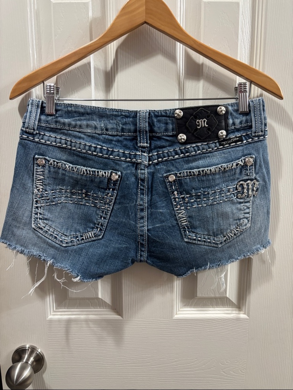 Miss Me Distressed Blue Denim Cutoff Shorts with Embellished Back Pockets